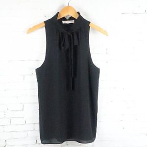 POPPY BLACK SLEEVELESS V NECK WITH RUFFLE & TIE DETAIL TOP SIZE MEDIUM